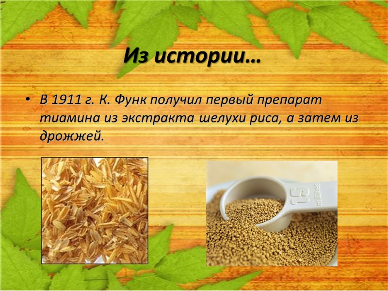 Из истории… В 1911 г. К. Функ получил первый препарат тиамина из экстракта шелухи